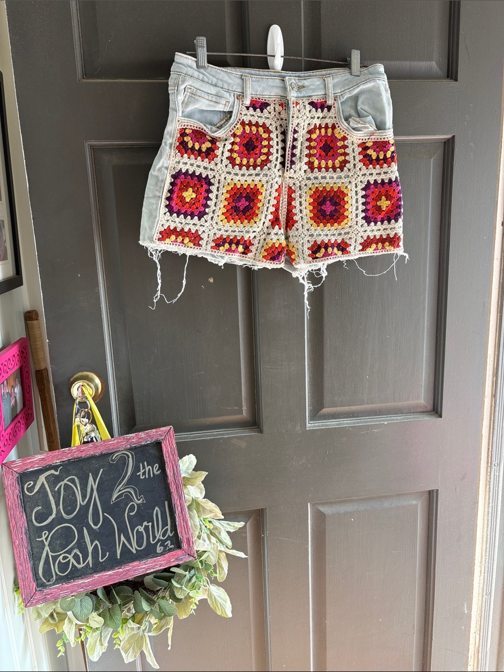 SO Crochet Front Denim Cutoff Shorts - Red Pink Yellow Cream